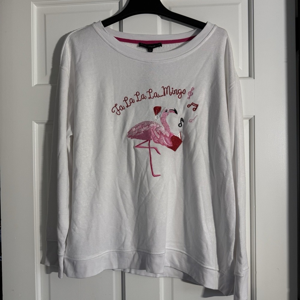 *NWT Jane+Delancey White Sweatshirt Holiday Flamingo WMS L Christmas Cozy